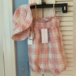 Ralph Lauren Pink and Cream Plaid Baby Romper with Hat